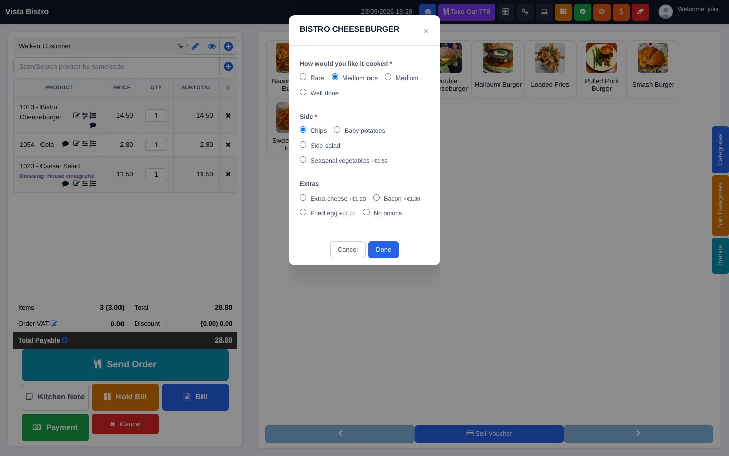 FuturePOS modifier screen for a hospitality order