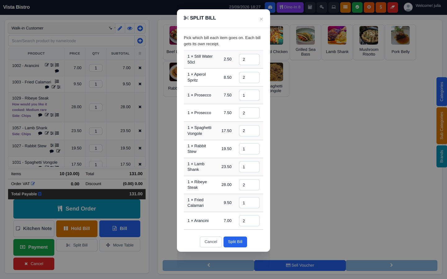 FuturePOS splitting a table bill by item