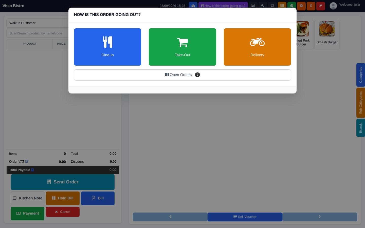 FuturePOS service type selection for dine-in, takeaway or delivery
