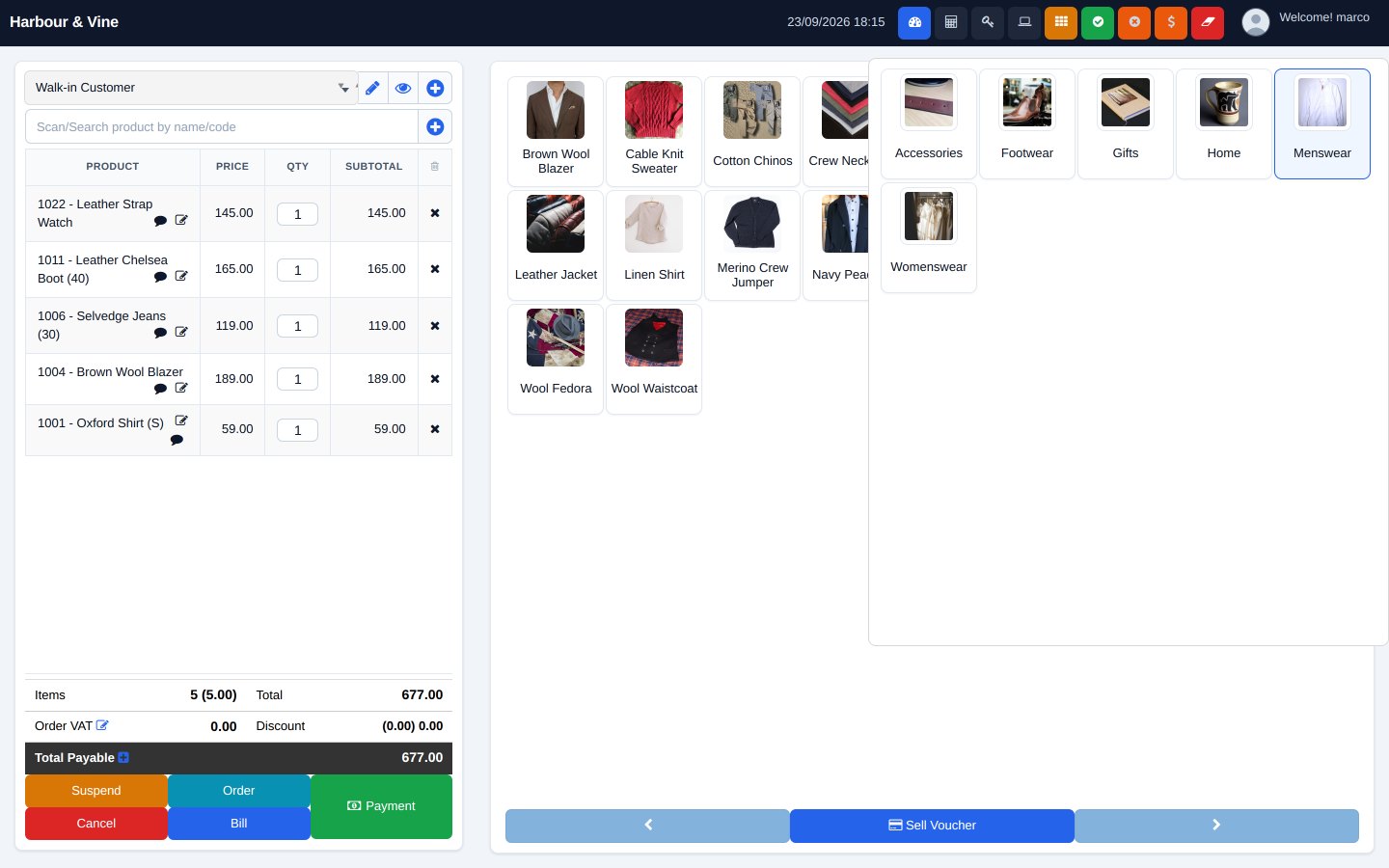 FuturePOS retail point of sale screen with clothing products
