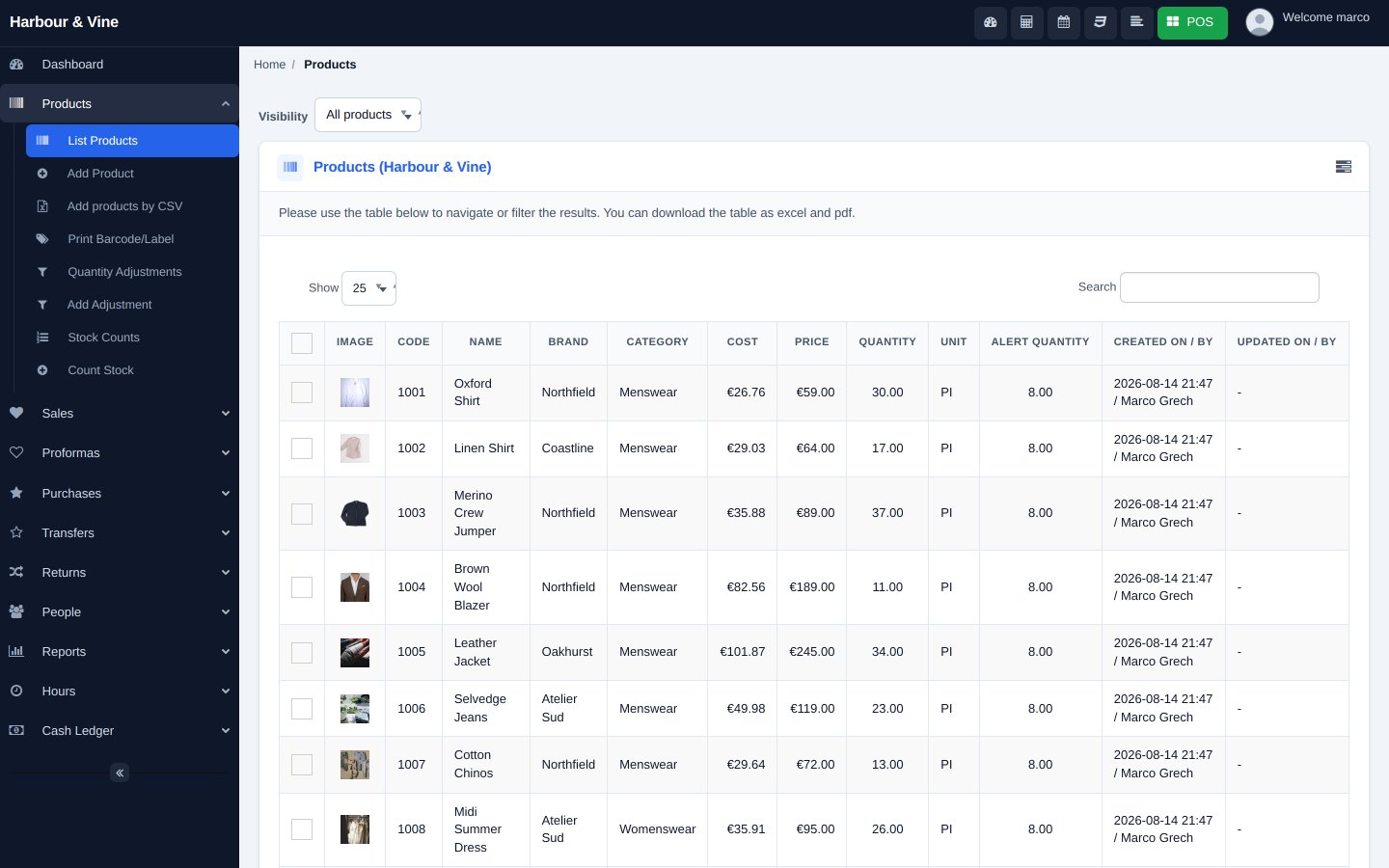 FuturePOS product list showing product details, cost, price and stock